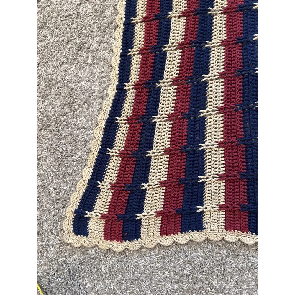handmade crochet afghan / throw blanket 48x42 Blue Red Cream